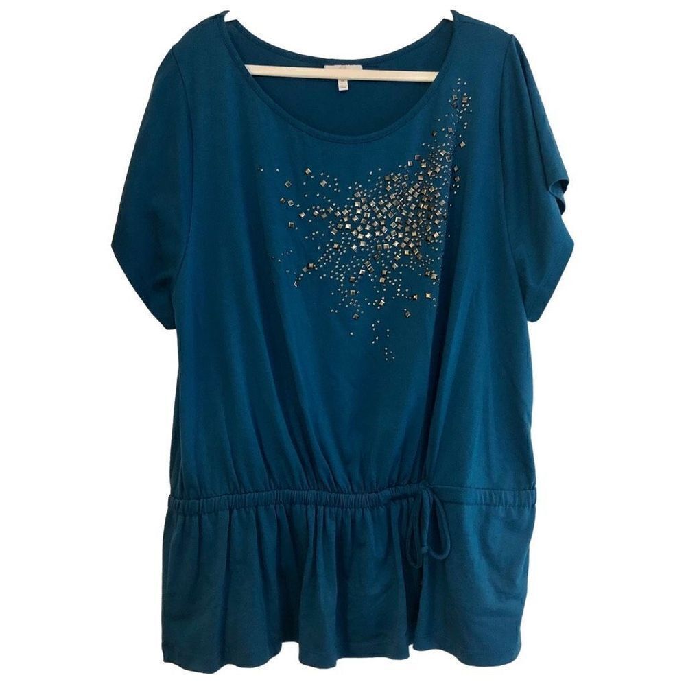 Fashion Bug Turquoise Short Sleeve Top with Cinch Waist Size 1X